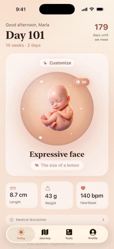 Captura de pantalla de la app Bloom mostrando el día 101 del embarazo